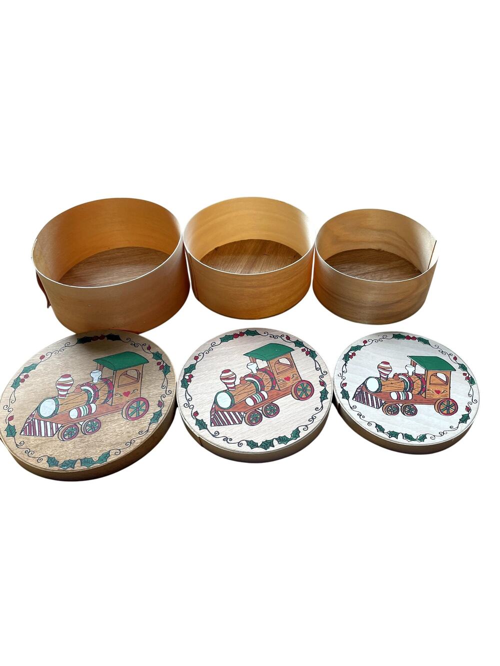 Lot of 3 Nesting Wooden Boxes Christmas Train on Top 4.5" 5" 5.5"